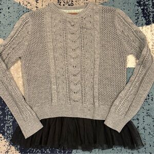 NWOT POL Gray Knit Sweater w/ Black Tulle Hem | Women’s Small | Boho Boutique